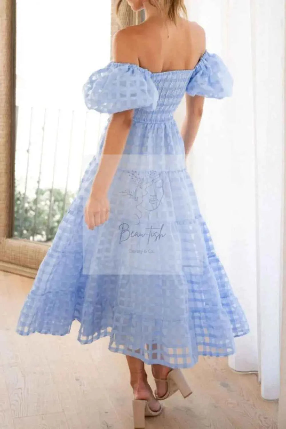 Off Shoulder Short Puff Sleeve Midi Dress