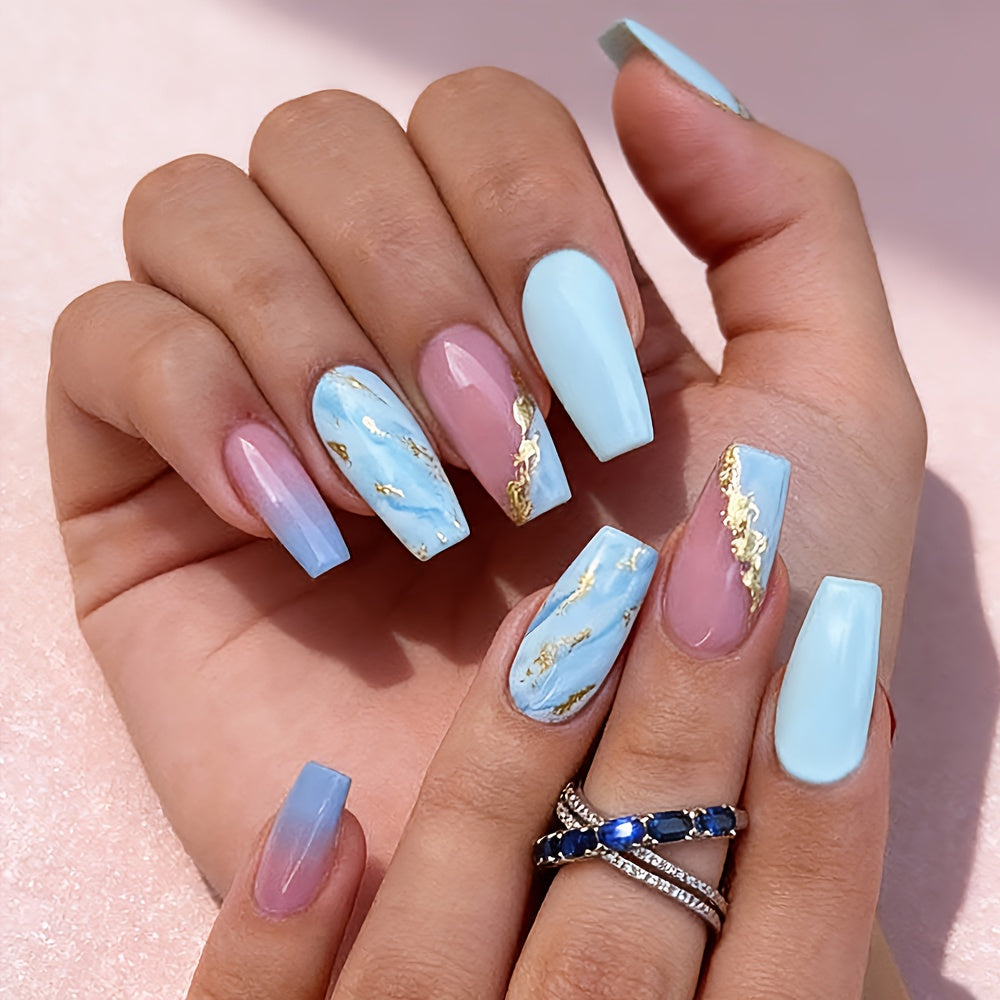 24pcs Blue Pink Marble Medium Coffin Press-On Nails