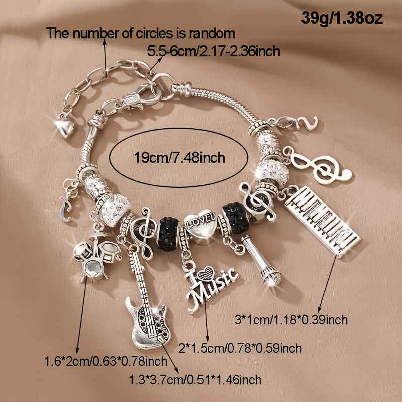Music Theme Heart Bracelet - Women's Gift with Guitar, Microphone, Drum Set, and Piano Pendant LOVE Heart Charm Beads