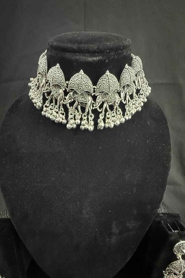 Paheran Oxidised Silver Elephant Choker Necklace Set with Earrings