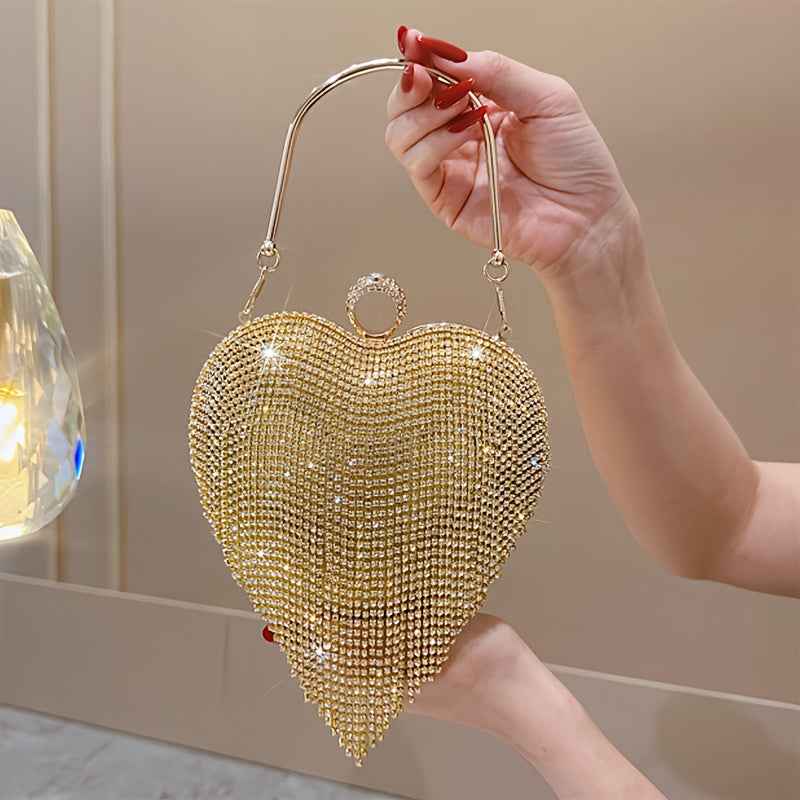 Heart-Shaped Rhinestone Evening Bag with Luxurious Tasselss