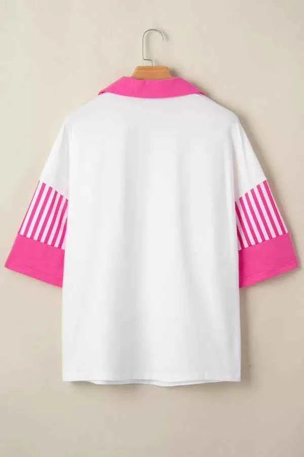 Striped Color Block Patchwork Polo Collar Half Sleeve T Shirt
