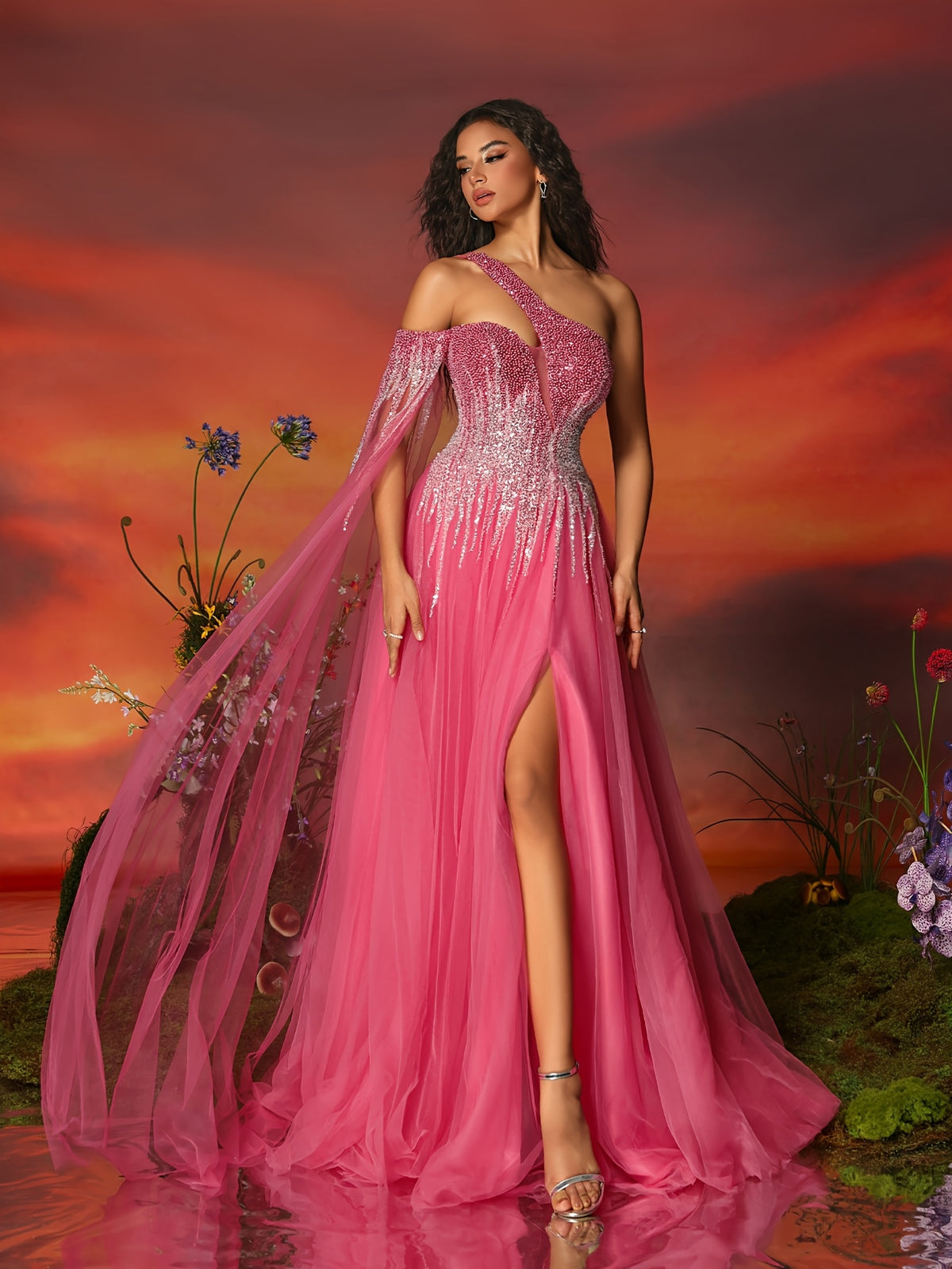 One-Shoulder Sequin A-Line Gown