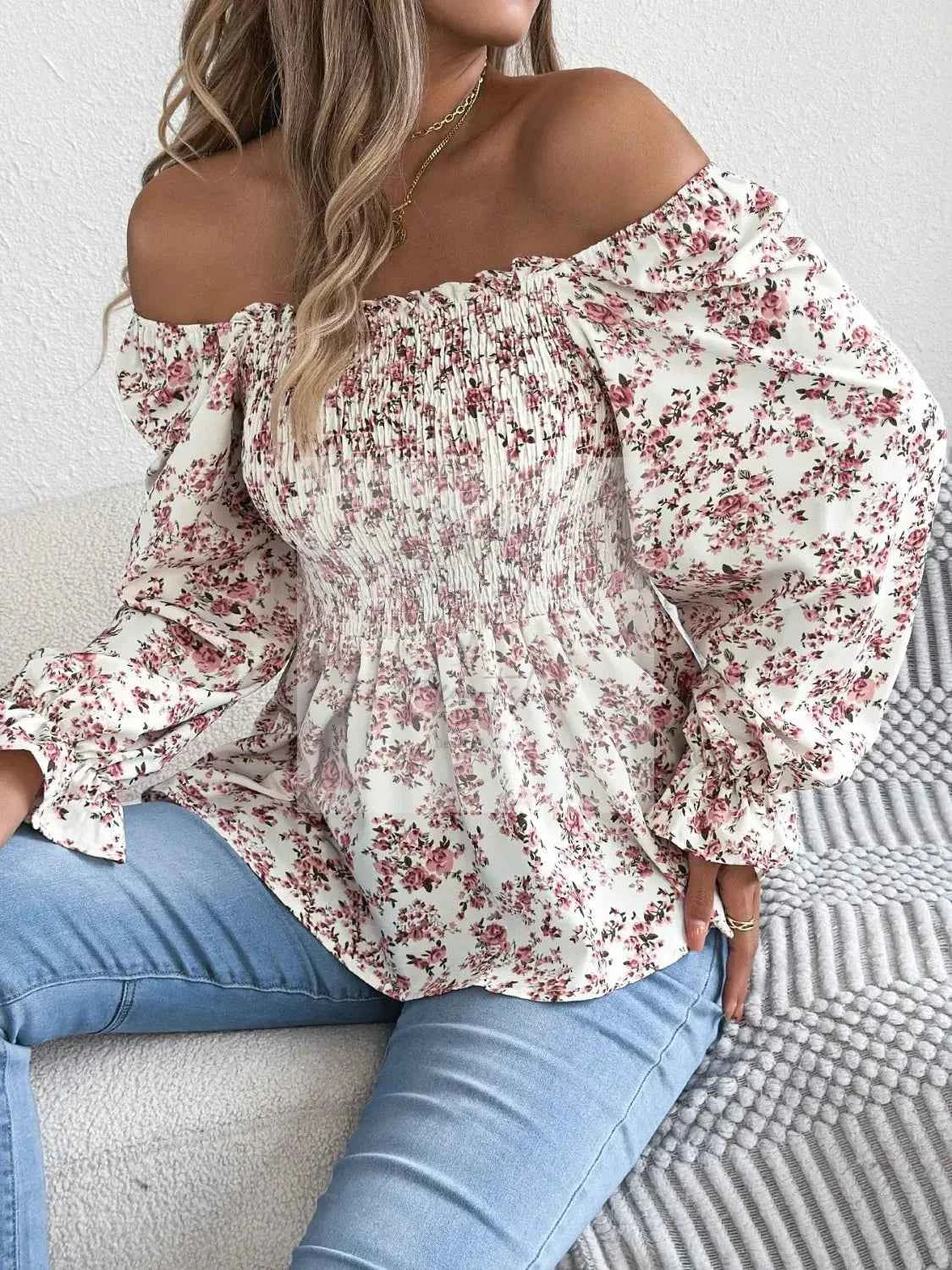 Floral Square Neck Flounce Sleeve Blouse