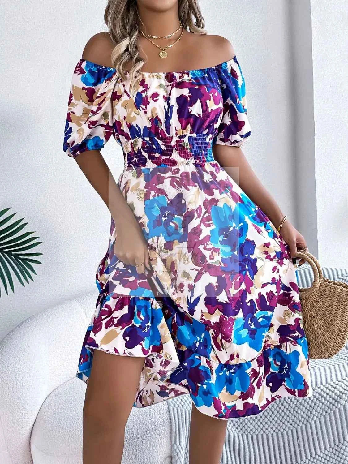 Ruffled Hem Smocked Floral Short Sleeve Midi Dress