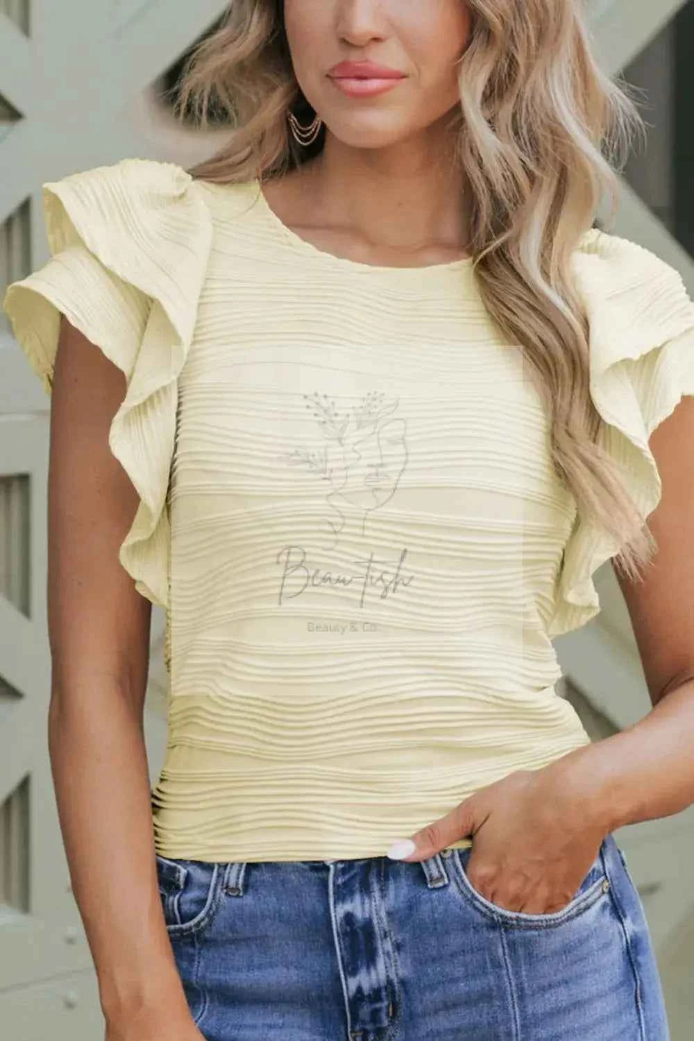 Ruffled Round Neck Textured Top