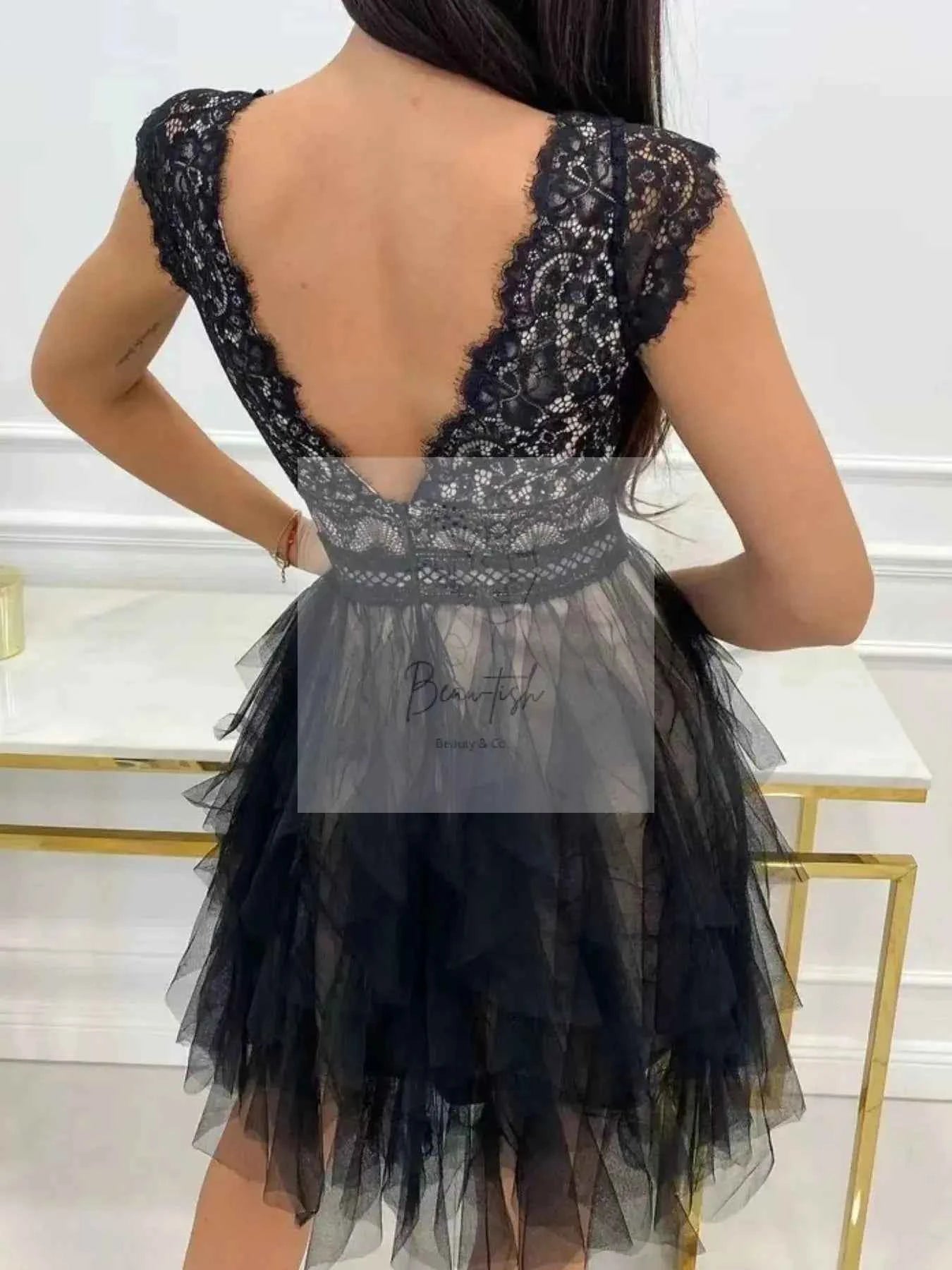Lace V-Neck Ruffle Dress