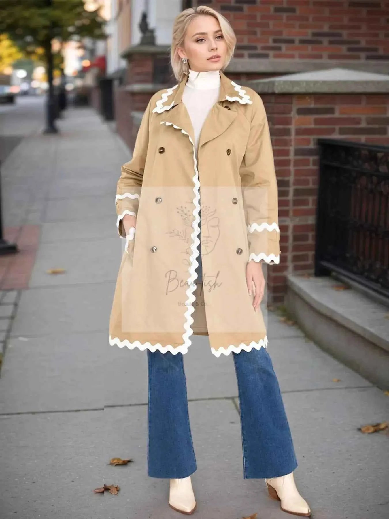 Scalloped Trim Long Sleeve Trench Coat