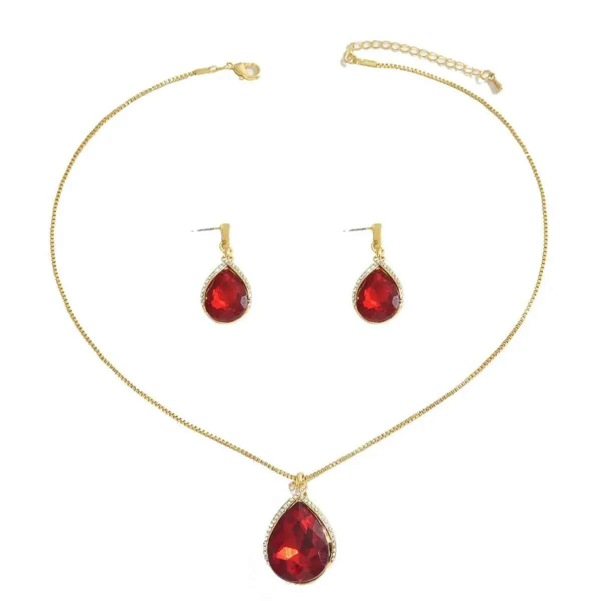 Gold-Plated Rhinestone Teardrop Necklace and Earrings Jewelry Set