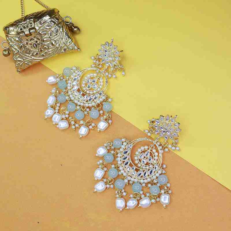 Gold Plated Kundan Beaded Chandbali Earrings Turquoise