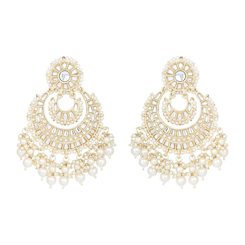 I Jewels Gold Plated Kundan Pearl Chandbali Earrings White