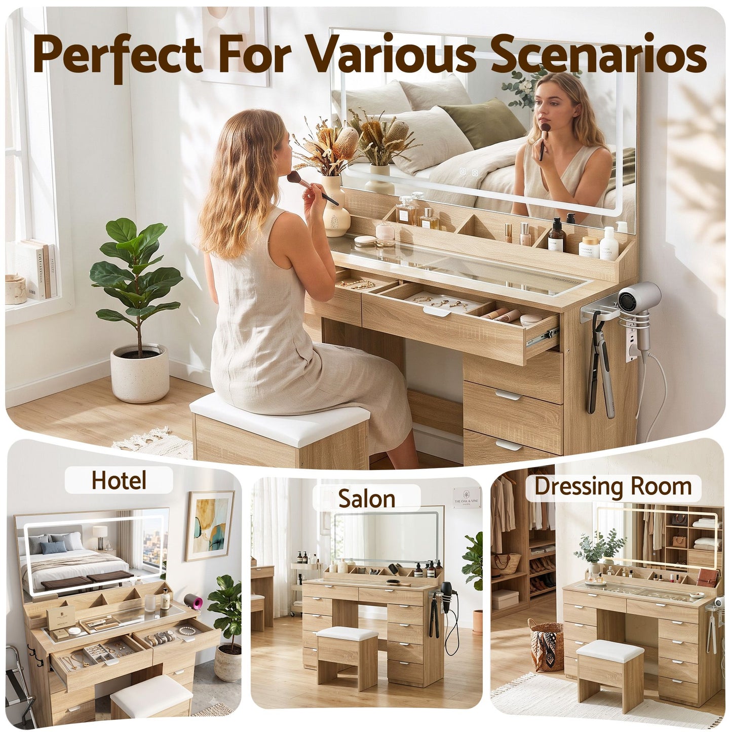 Artiss Dressing Table Makeup Vanity Desk – 10 Drawers with LED Mirror, Power Outlet & Hair Dryer Holder – Wood
