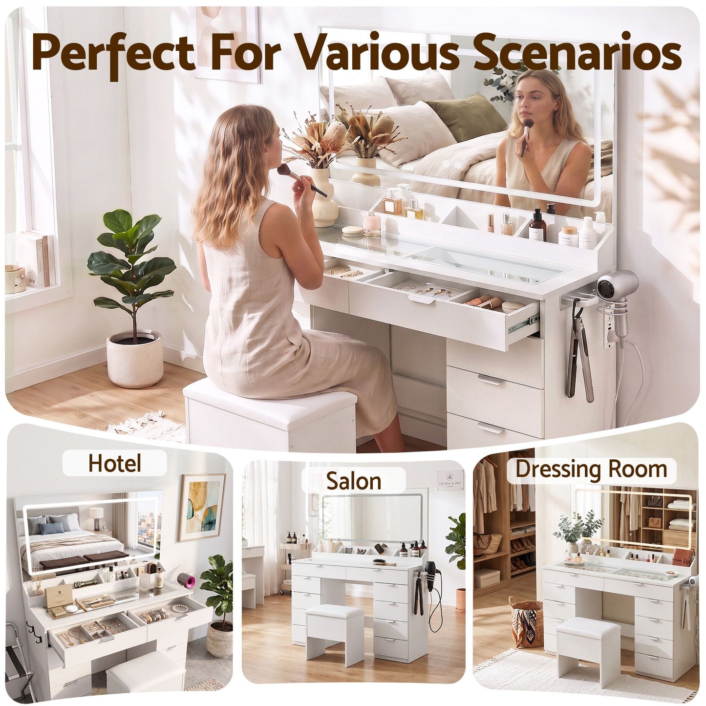 Artiss Dressing Table Makeup Vanity Desk – 10 Drawers with LED Mirror, Power Outlet & Hair Dryer Holder – White