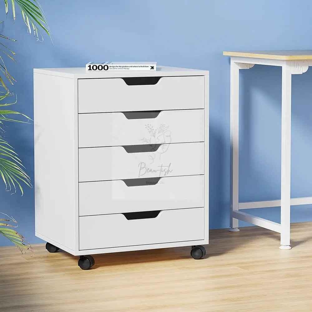 Artiss 5-Drawer Filing Cabinet Mobile Rolling Storage Cabinet Chest of Drawers Stand White