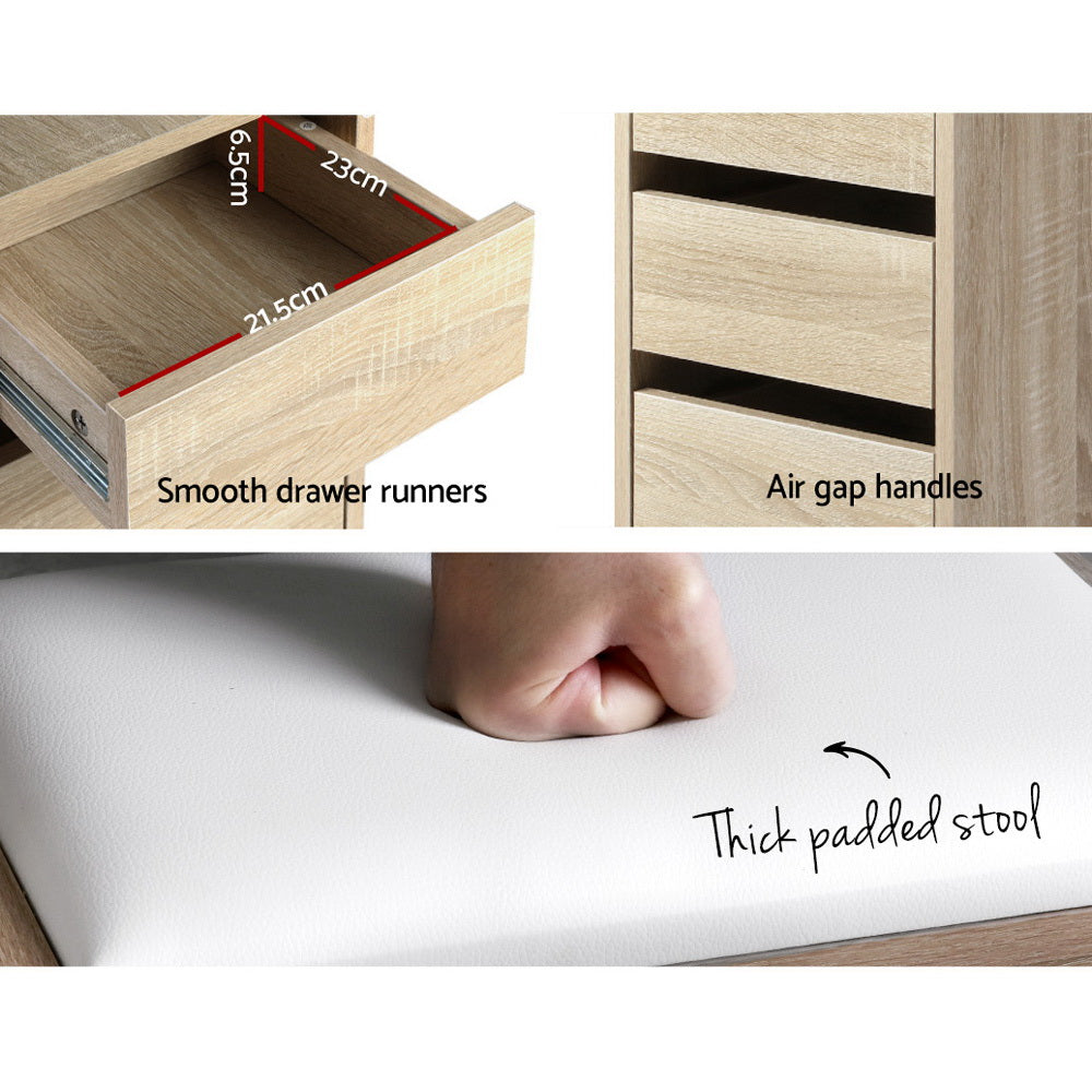 Artiss Schminktisch-Hocker-Set, Eck-Schminktisch, 5 Schubladen, Eiche