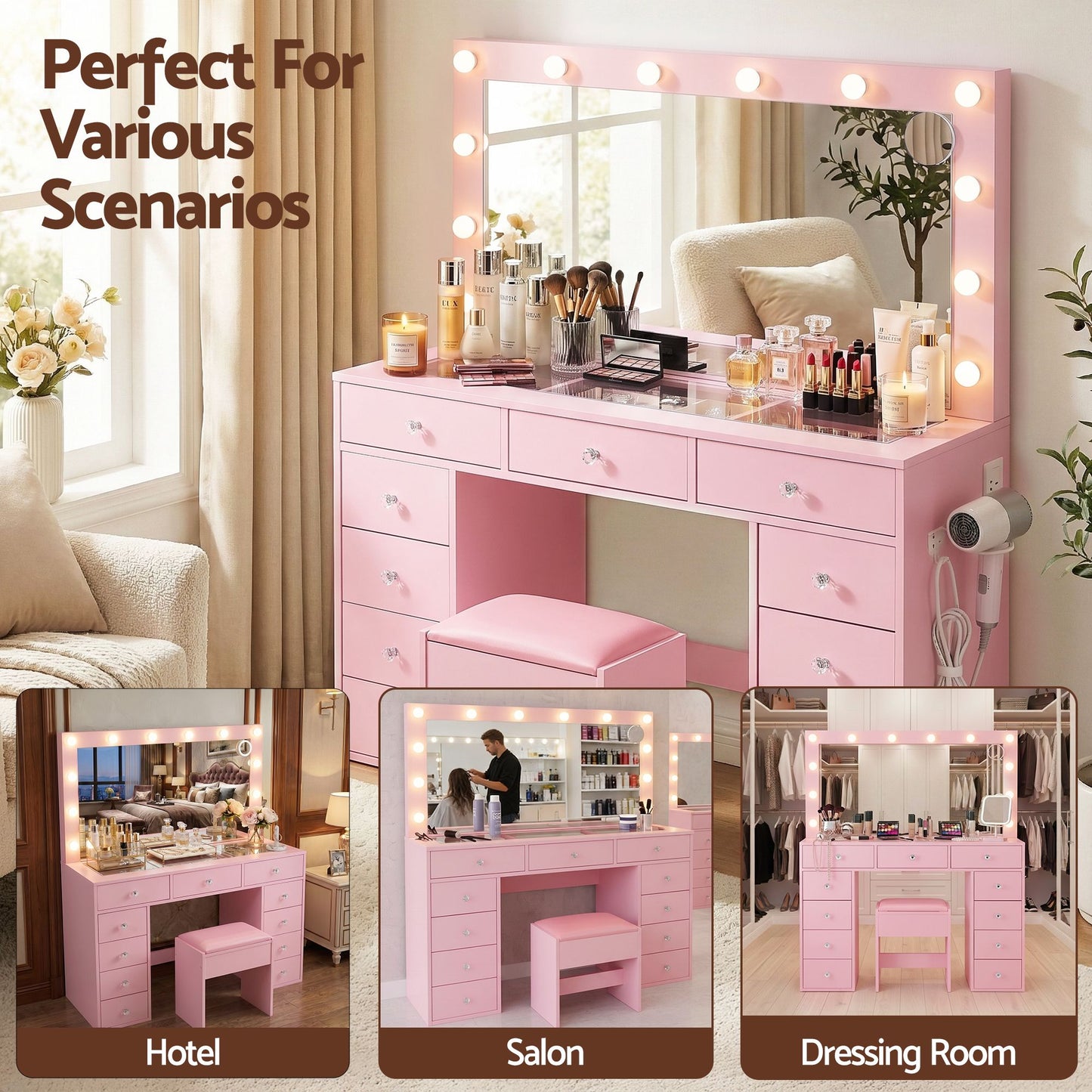 Artiss Dressing Table Charging Station LED Vanity Desk Set – Pink