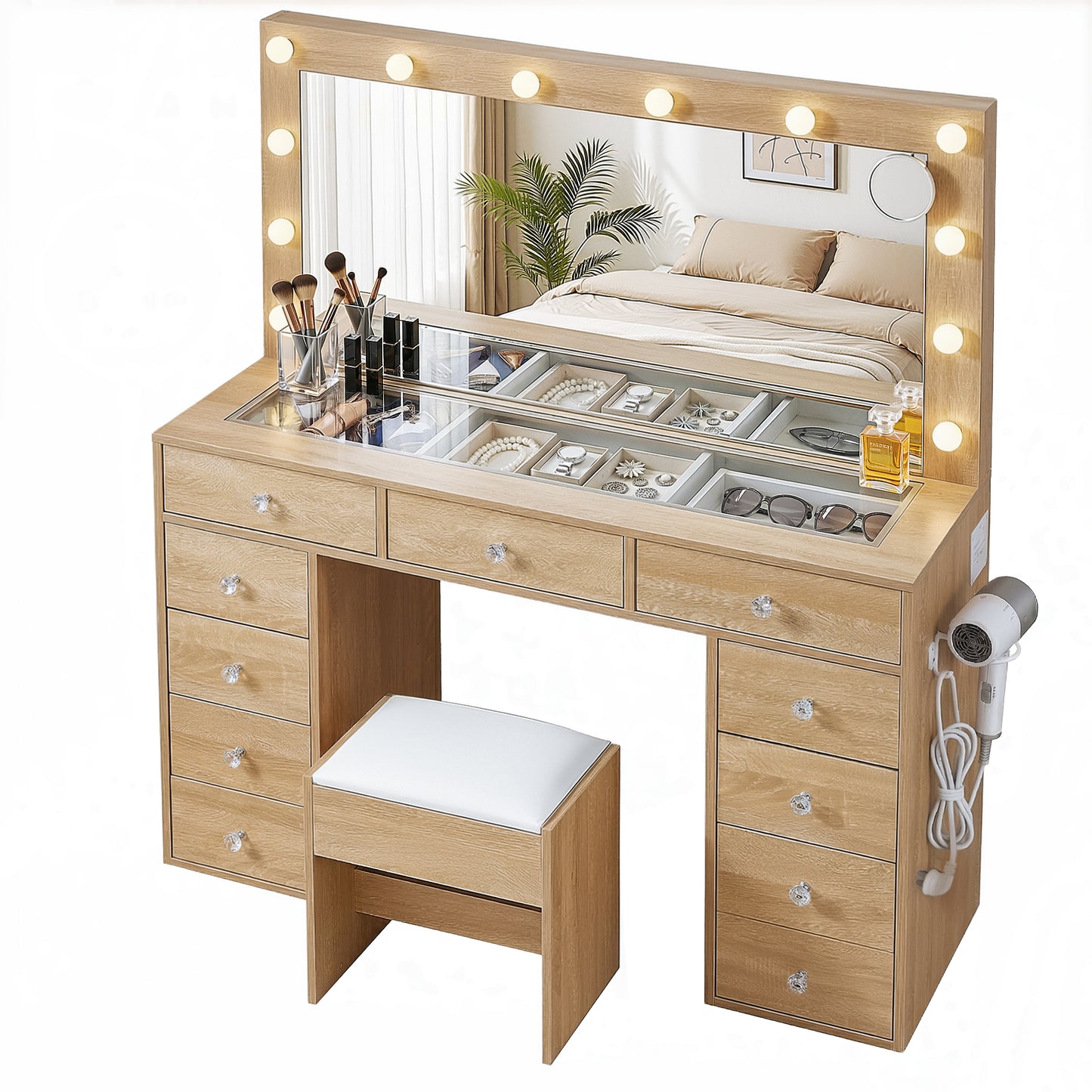Artiss Dressing Table Vanity Desk Set with Stool & LED Bulbs – Wood