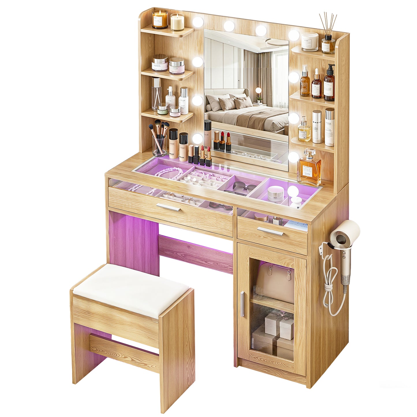 Artiss Dressing Table Vanity Desk Set – 10 LED Bulbs, RGB Lighting & Stool – Wood