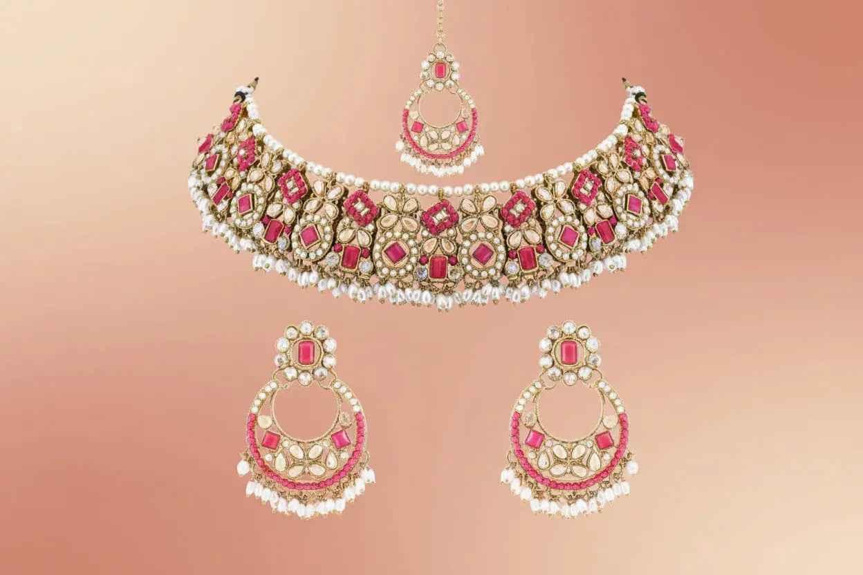 Gold Plated Traditional Floral Kundan & Pearl Choker Necklace Jewellery Earrings & Maang Tikka Set