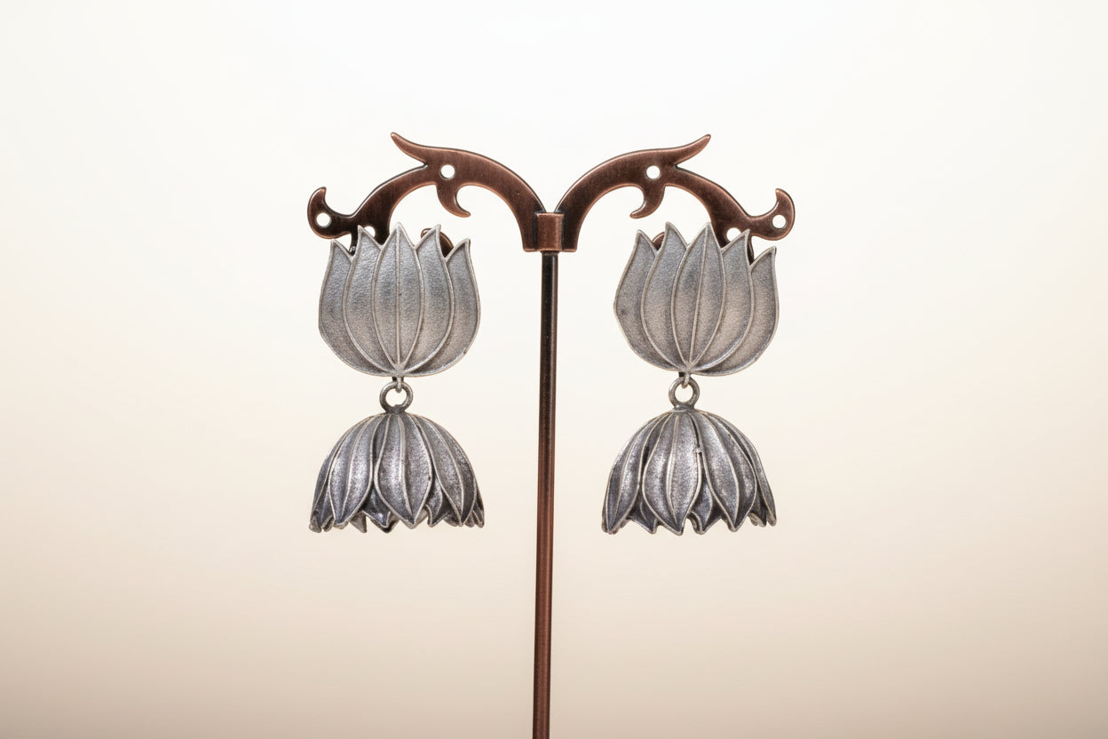 Antique Silver Lotus Jhumka Earrings
