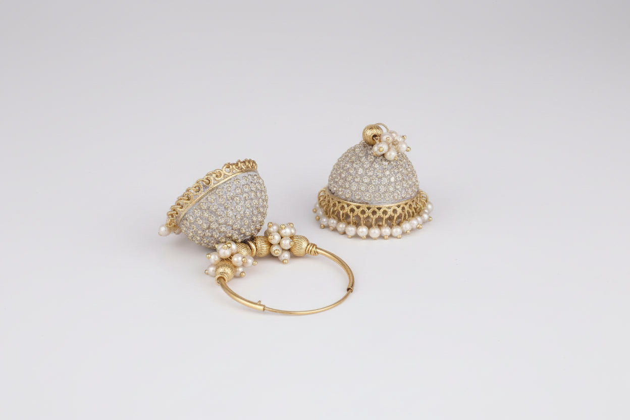 Traditional Gold Plated Enamelled White Jhumka And Hoop Baali Earring