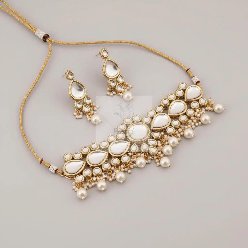 Clustered Pearl Kundan Necklace Set With Gold Plated Uncut Polki - Beau-tish Beau-tish
