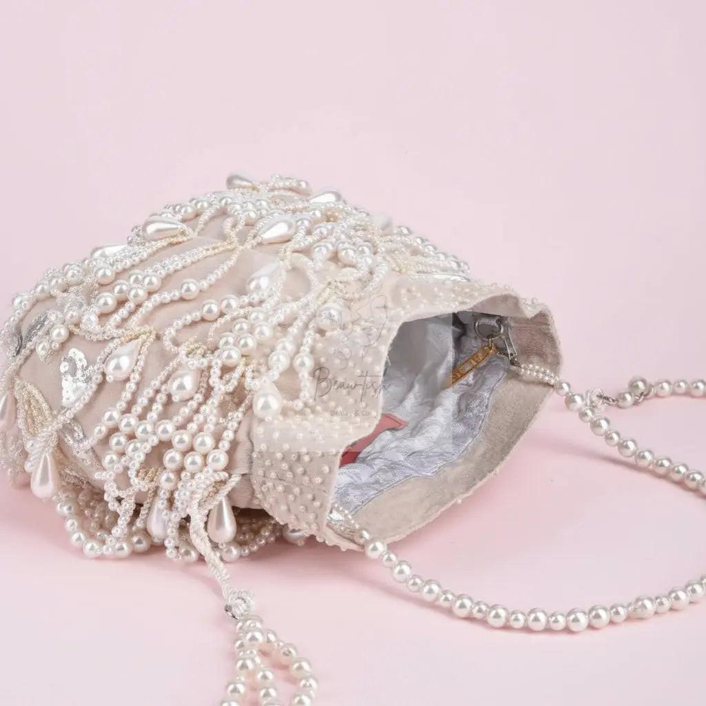 Farah Ivory Suede Pearl Potli (Clutch Evening Bag) - Beau-tish Beau-tish