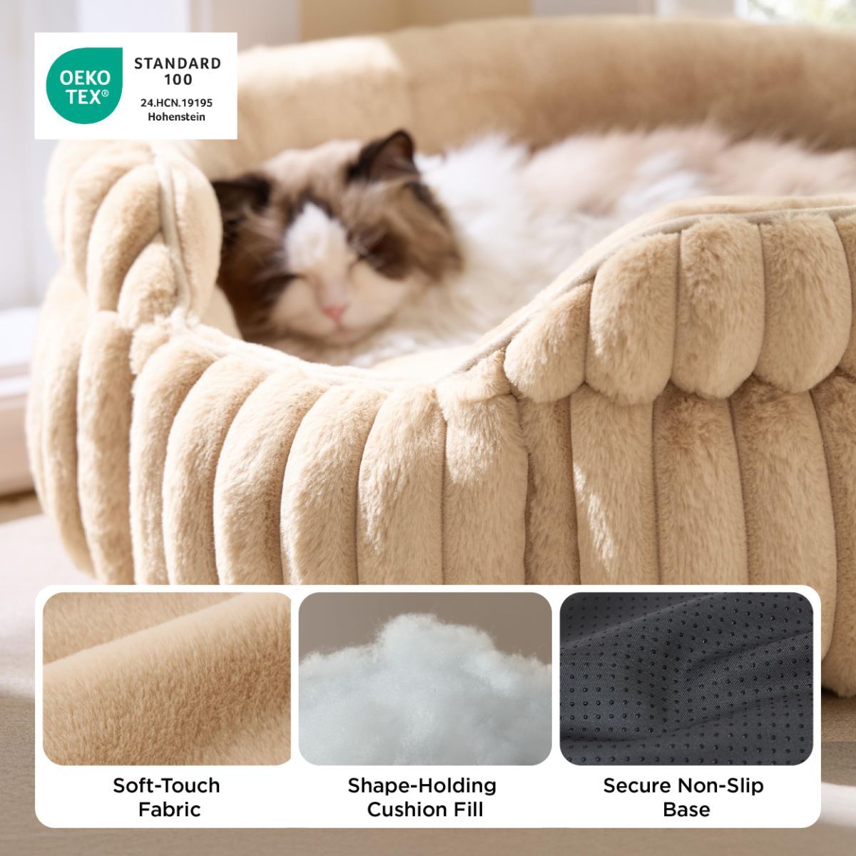 Fluffy Round Cat Bed – Plush Cat Furniture & Comfortable Pet Bed – Beige, 26