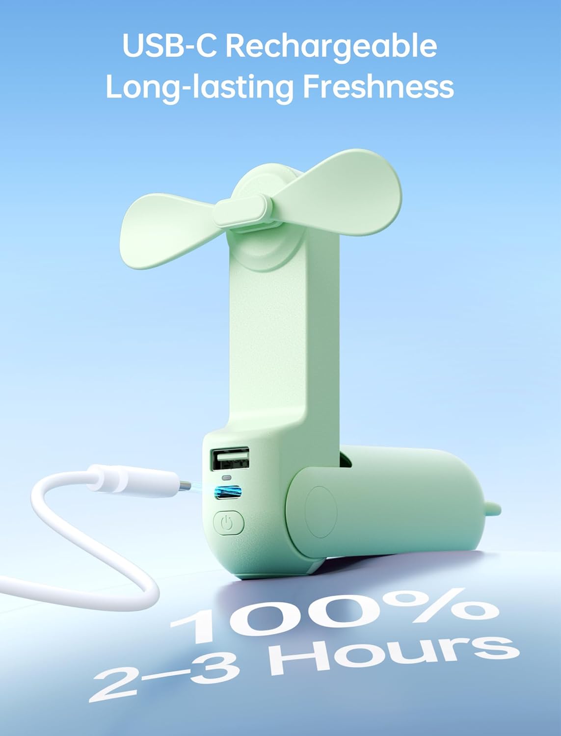 Handheld Mini Fan (Green), 3-in-1 USB Rechargeable Portable Fan with Power Bank & Flashlight