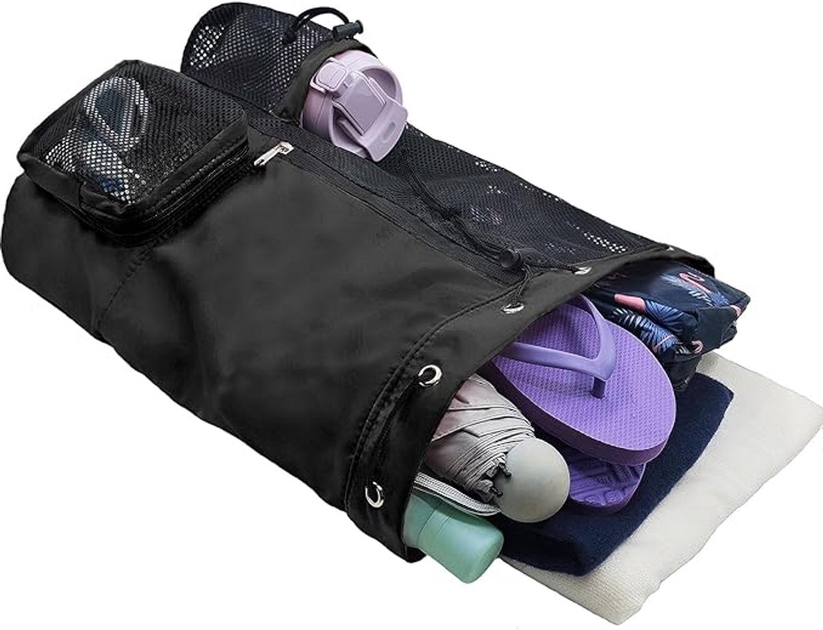 Backpack - Sports Bag - Travel Bag - Training Bag - Swimming Bag - 30*15*45cm - Mesh Material - Drawstring Design - Side Storage Space - Unisex - Suitable for Fitness, Swimming, Travel, Dancing, Camping(Black)