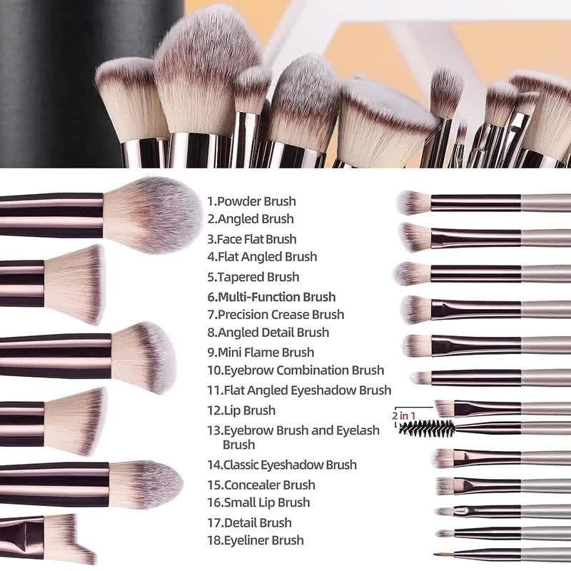 Beige 18-Piece Makeup Brush Set - Professional Synthetic Fiber Brushes with Wooden Handles for Flawless Beauty