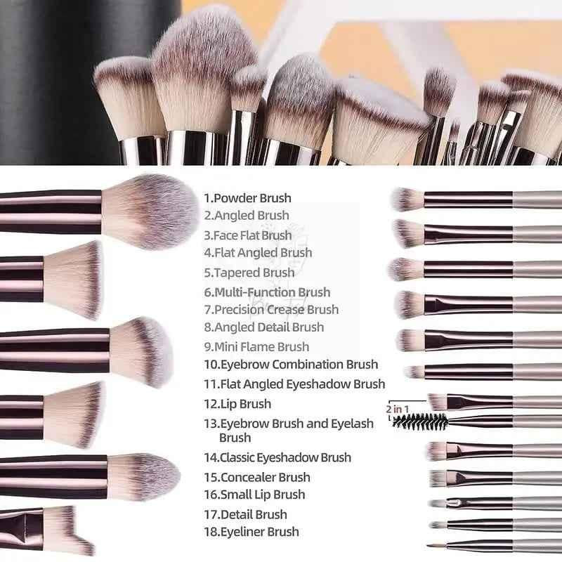 Beige 18-Piece Makeup Brush Set - Professional Synthetic Fiber Brushes with Wooden Handles for Flawless Beauty