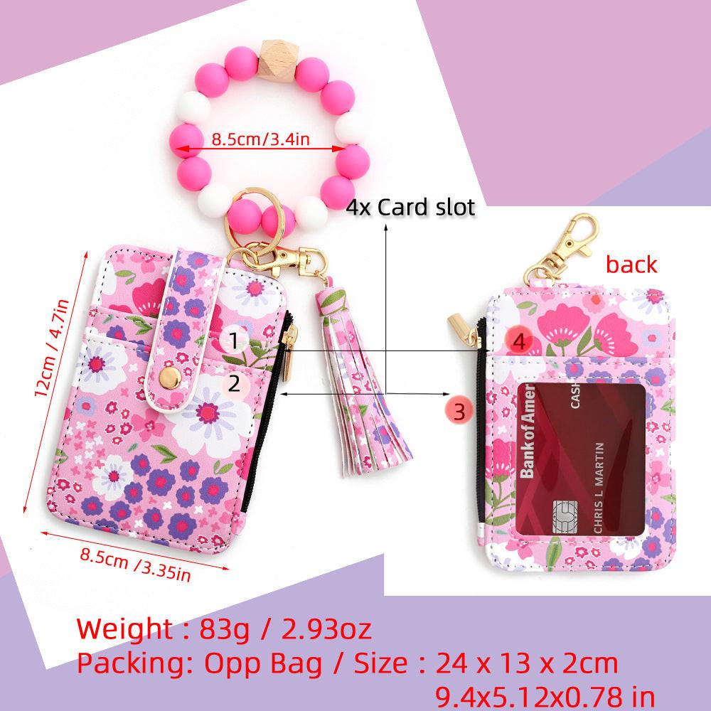 Floral Slim Card Holder Wallet with Beaded Keychain Bracelet & Tassel - 4 Card Slots, ID Window(Light pink) - Beau-tish Beau-tish