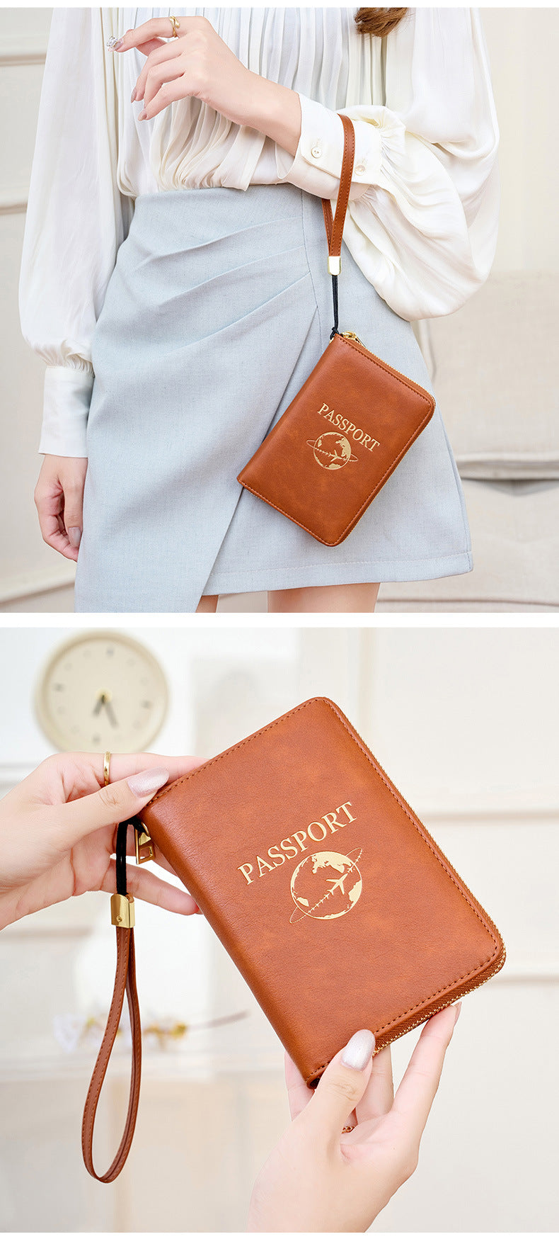 Grey RFID Blocking Travel Passport Holder - Multi-functional Waterproof PU Leather Security Travel Wallet with Zipper and Wristband