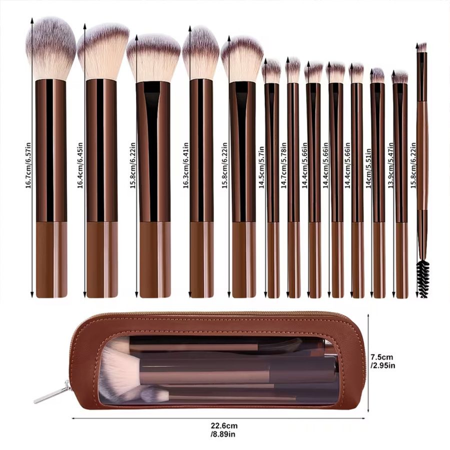 13-Piece Makeup Brush Set with Storage Pouch – Brown & Chrome