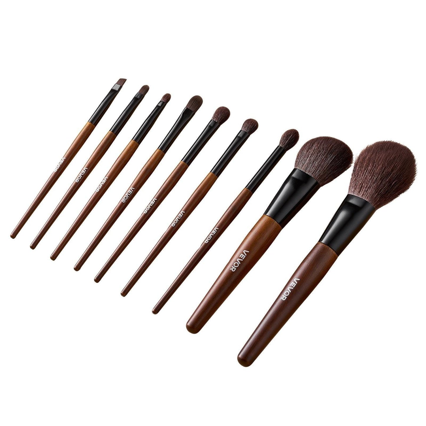 VEVOR 9-Piece Makeup Brush Set with Soft Natural Wool & Vegan Synthetic Bristles, Ergonomic Wood Handle, Travel-Friendly Storage Bag
