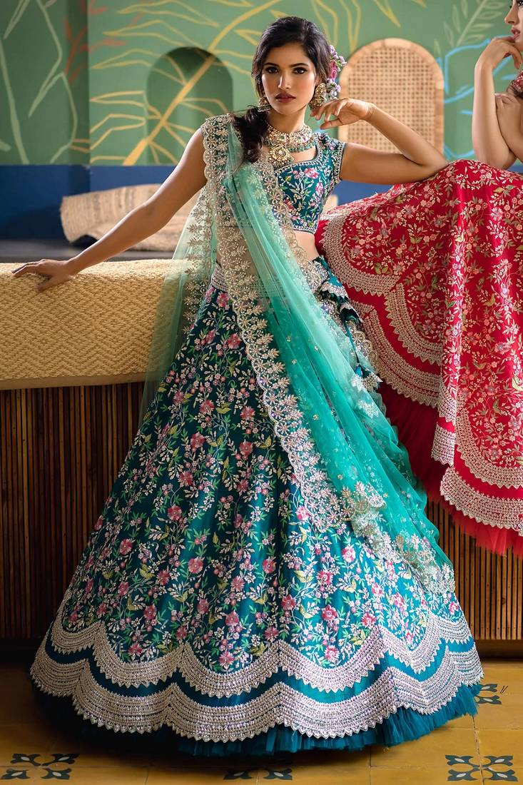 Aqua Blue Embroidered Satin Lehenga Choli Set