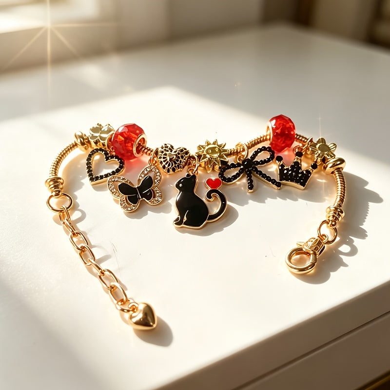 Women’s Black Beaded Snake Chain Charm Bracelet