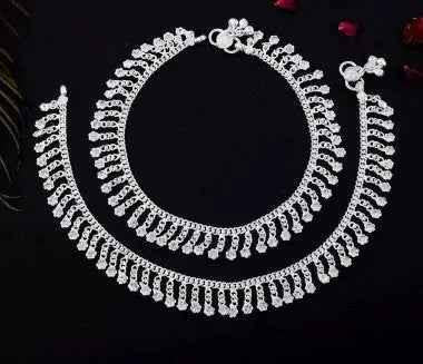 Beautiful Silver Color Anklets featuring traditional Indian artistic craft with silver-plated brass and rhinestone embellishments.