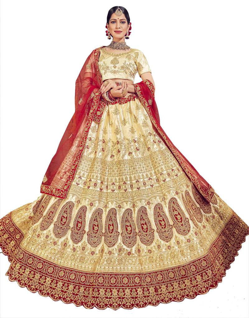 Beige Embroidered Satin Lehenga Choli Set