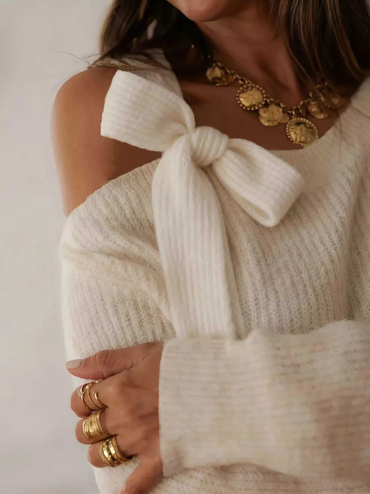 Bow-Accent One-Shoulder Sweater
