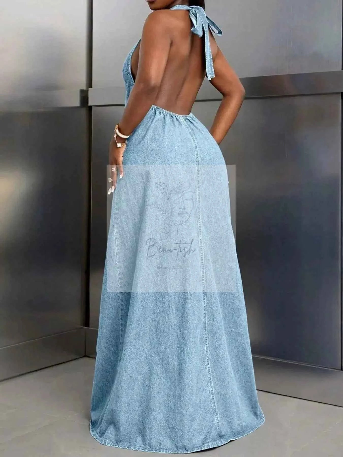 Backless Halter Neck Maxi Denim Dress