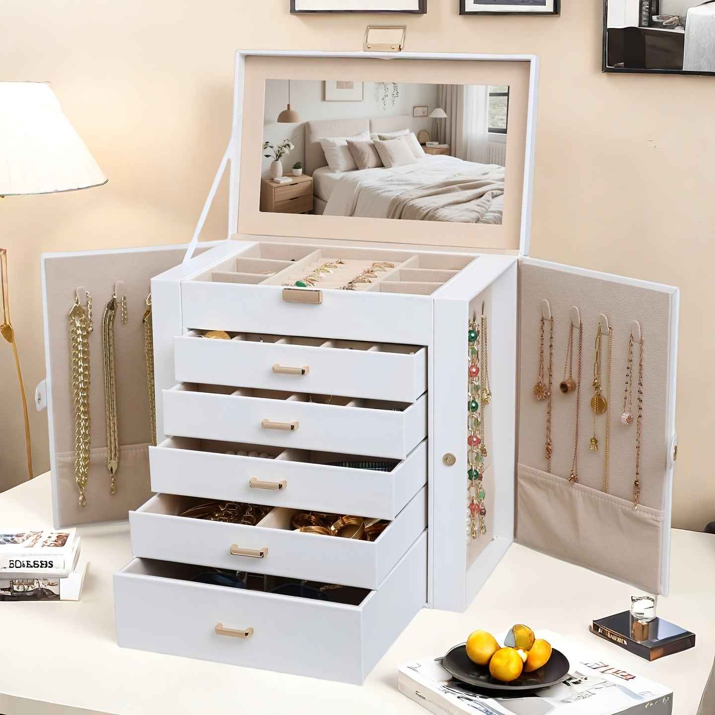 Large 6-Layer Double-Door Jewellery Box with Flip Mirror & Drawers
