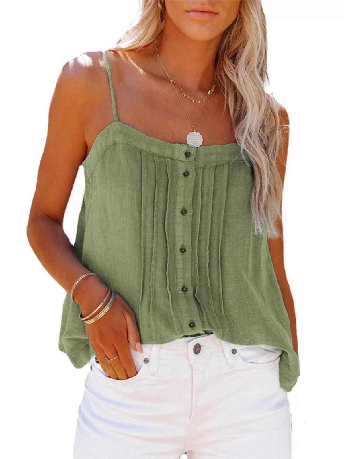 Pleated Button-Down Spaghetti Strap Cami