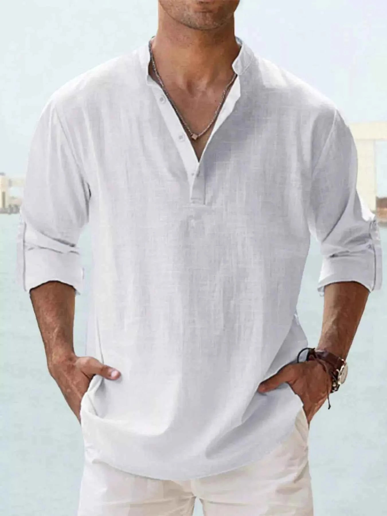 Men's Full Size Casual Button Detail Roll-Up Sleeve Blouse Plus Size