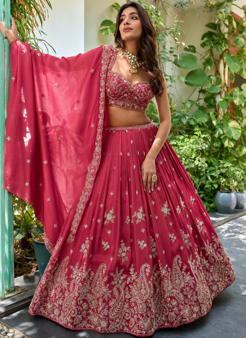 Deep Pink Embroidered Silk-Blend Lehenga Choli Set