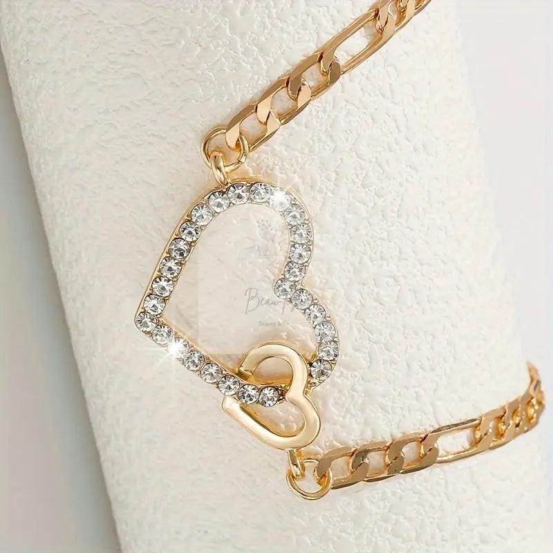Double Heart Rhinestone Choker Necklace - Golden-Tone Interconnected Hearts with Sparkling Crystals
