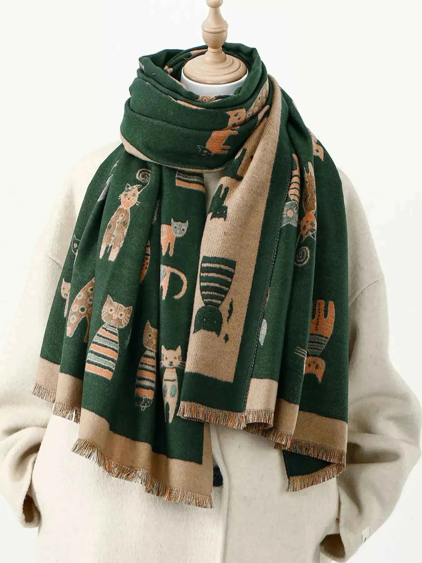 Cute Cat Pattern Raw Hem Scarf