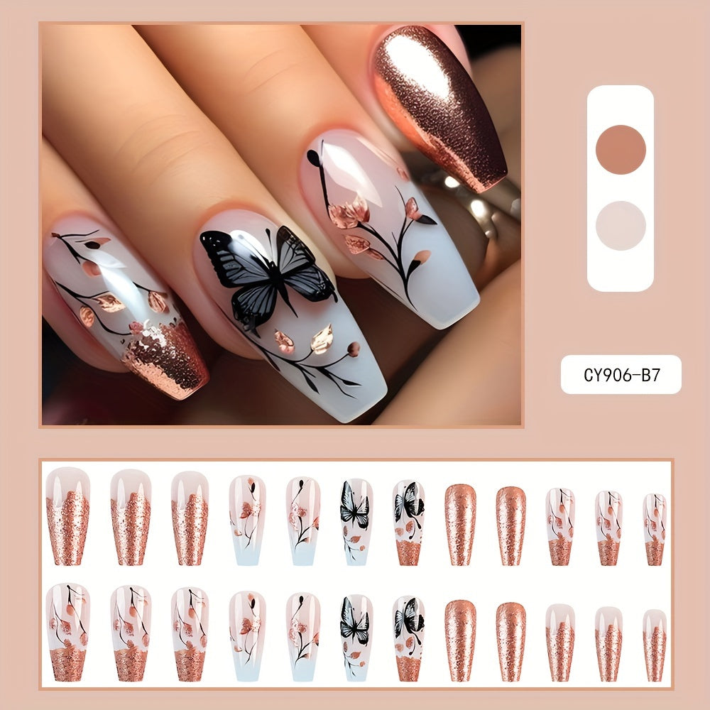 24pcs Glossy Long Coffin Press On Nails - Pink French Glitter Fake Nails with Floral & Butterfly Design, Reusable Artificial False Nails for Women & s, Nails Accessories, Elegant Nail Art, Coflein Shape Nails, Highquality Pressons