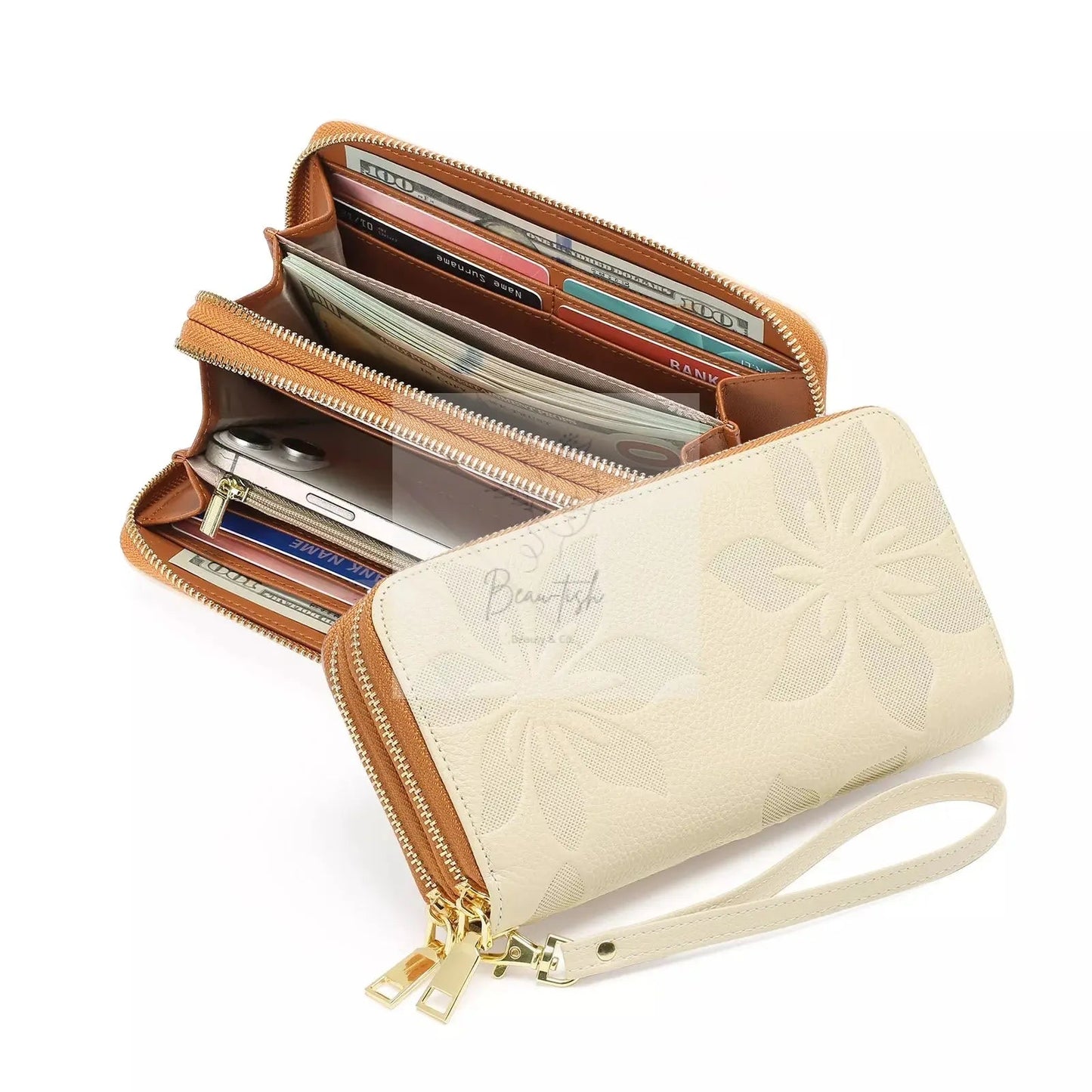 Floral Embossed Leather Zipper Wallet
